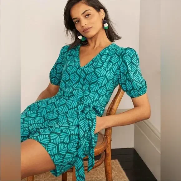 Boden Ruby Jersey Puff Sleeve Tie Waist Romper in Palm Leaf - Size US 6 Tall - Picture 2 of 11